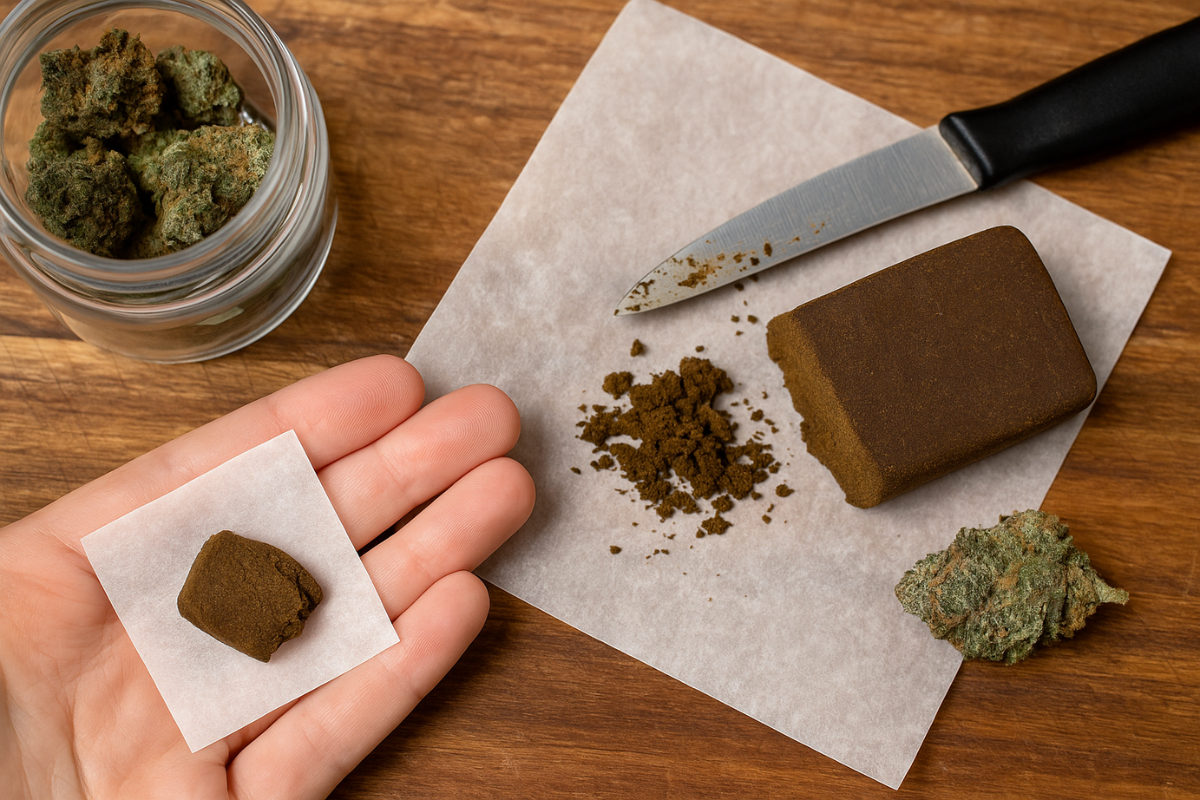 Hand holding a small piece of hash with a jar of buds, crumbled hash, and a knife nearby — demonstrating how to make hash
