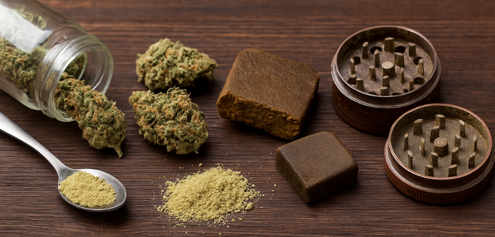 Various forms of cannabis and tools displayed on a wooden table, showcasing different methods of making hash at home