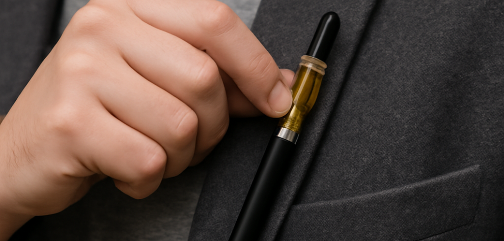 Person placing a weed pen cartridge into a suit pocket, highlighting its discreet and portable design