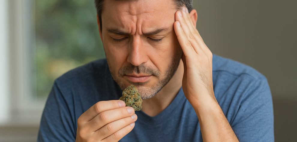 Man holding Gastro Pop weed with a pained expression, suggesting possible side effects