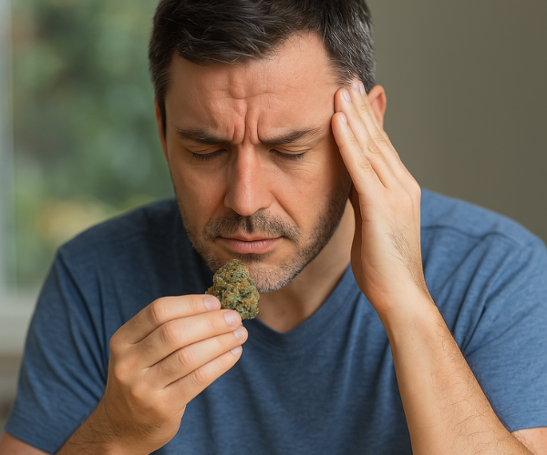 Man holding Gastro Pop weed with a pained expression, suggesting possible side effects