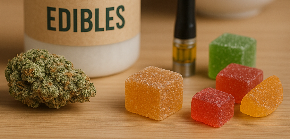 Assorted cannabis edibles displayed with product jar labeled "Edibles" in a cannabis online shop