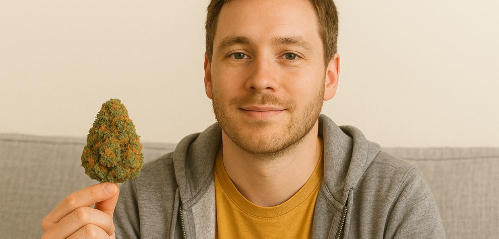 Man holding a vibrant cannabis bud, representing enjoyment and satisfaction with the Amnesia Haze strain