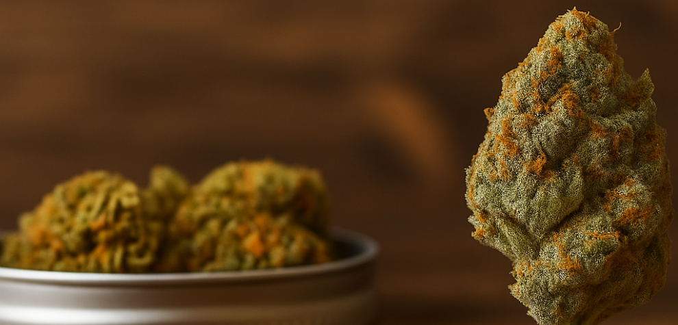 Close-up of cannabis bud next to a metal lid filled with more buds on a wooden surface