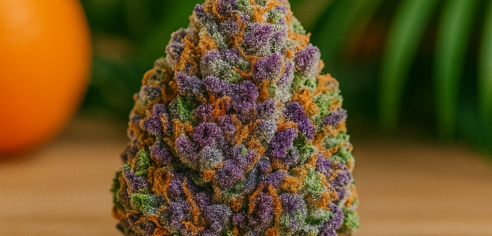 Close-up of vibrant exotic weed bud with purple, green, and orange hues