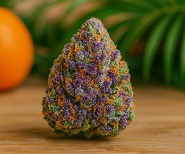 Close-up of vibrant exotic weed bud with purple, green, and orange hues