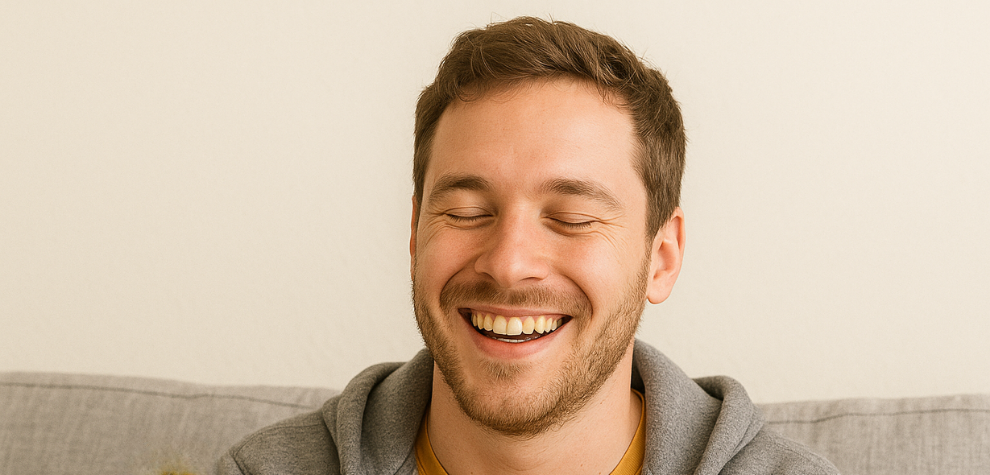 Smiling man with eyes closed, sitting on a couch, reflecting the uplifting and euphoric effects of the Amnesia Haze strain