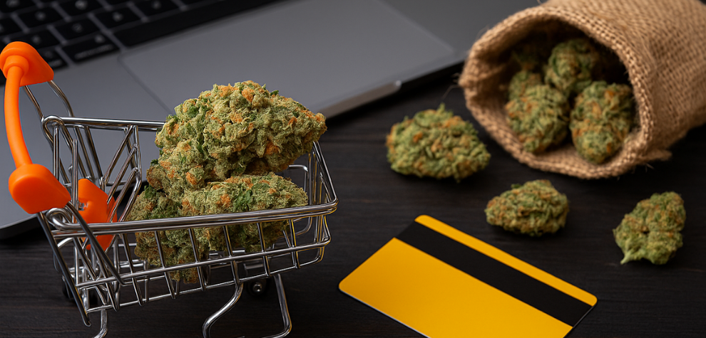 Cannabis buds in a shopping cart beside a laptop and credit card, symbolizing online weed purchase in Canada