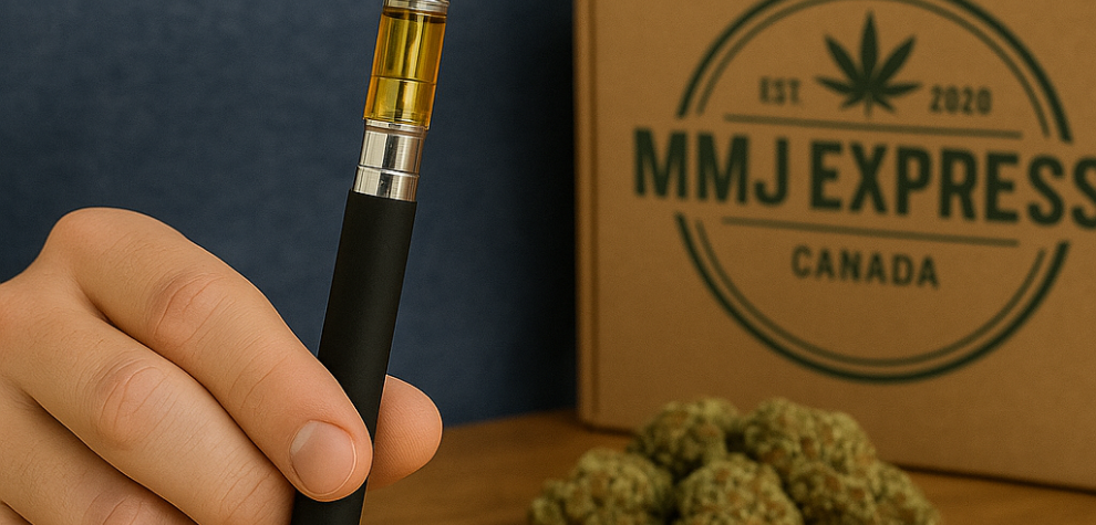 Hand holding a weed pen cartridge near MMJ Express box and cannabis buds, suggesting where to shop carts