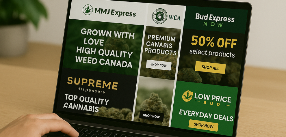 A laptop screen displaying top Canadian online dispensary sites including MMJ Express, Bud Express Now, and Low Price Bud
