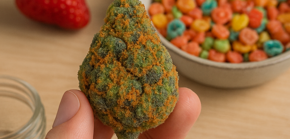 Fruity Pebbles OG buds with fruity cereal, berry, and tropical elements, representing its aroma and flavour profile