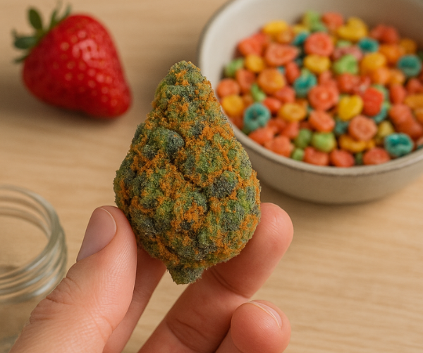 Fruity Pebbles OG buds with fruity cereal, berry, and tropical elements, representing its aroma and flavour profile