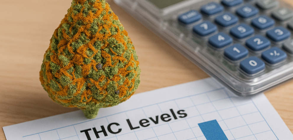 Fruity Pebbles OG cannabis buds beside a THC percentage graphic, highlighting the strain’s potency level