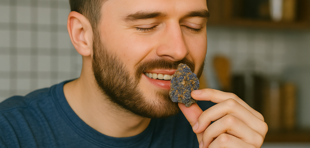 Man enjoying the aroma of Gastro Pop weed, highlighting its rich and flavorful taste profile