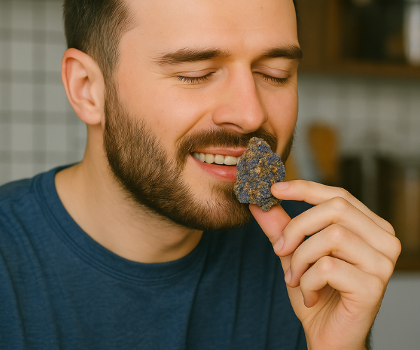 Man enjoying the aroma of Gastro Pop weed, highlighting its rich and flavorful taste profile