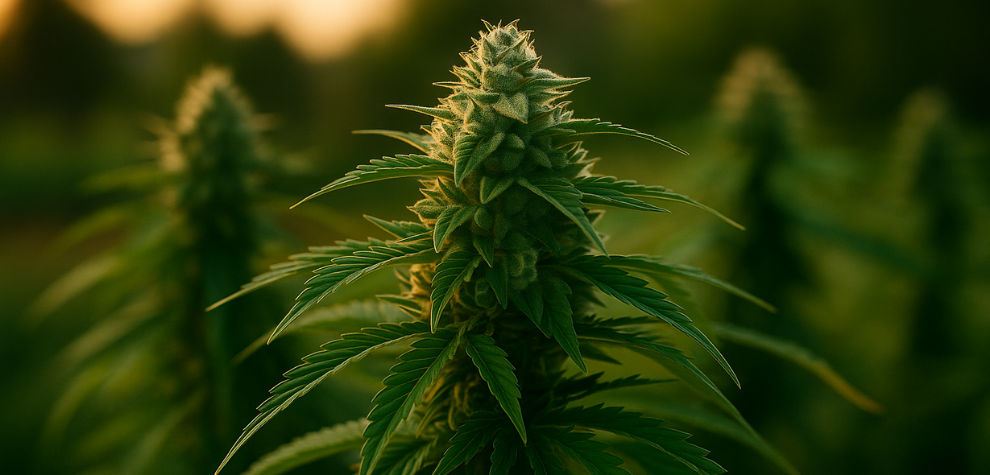Close-up of a cannabis plant growing outdoors, representing strain genetics and region of origin