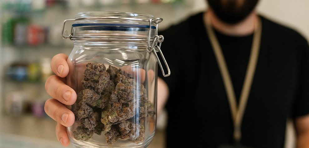 Person holding a glass jar filled with Grand Daddy Purple buds at a dispensary counter