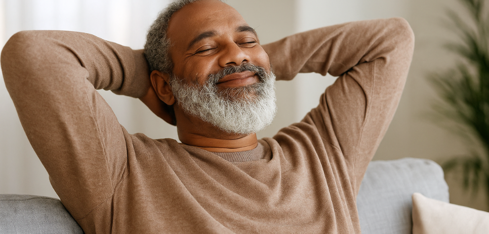 Smiling man relaxing on a couch with eyes closed and hands behind head, representing calming Grand Purple Daddy effects