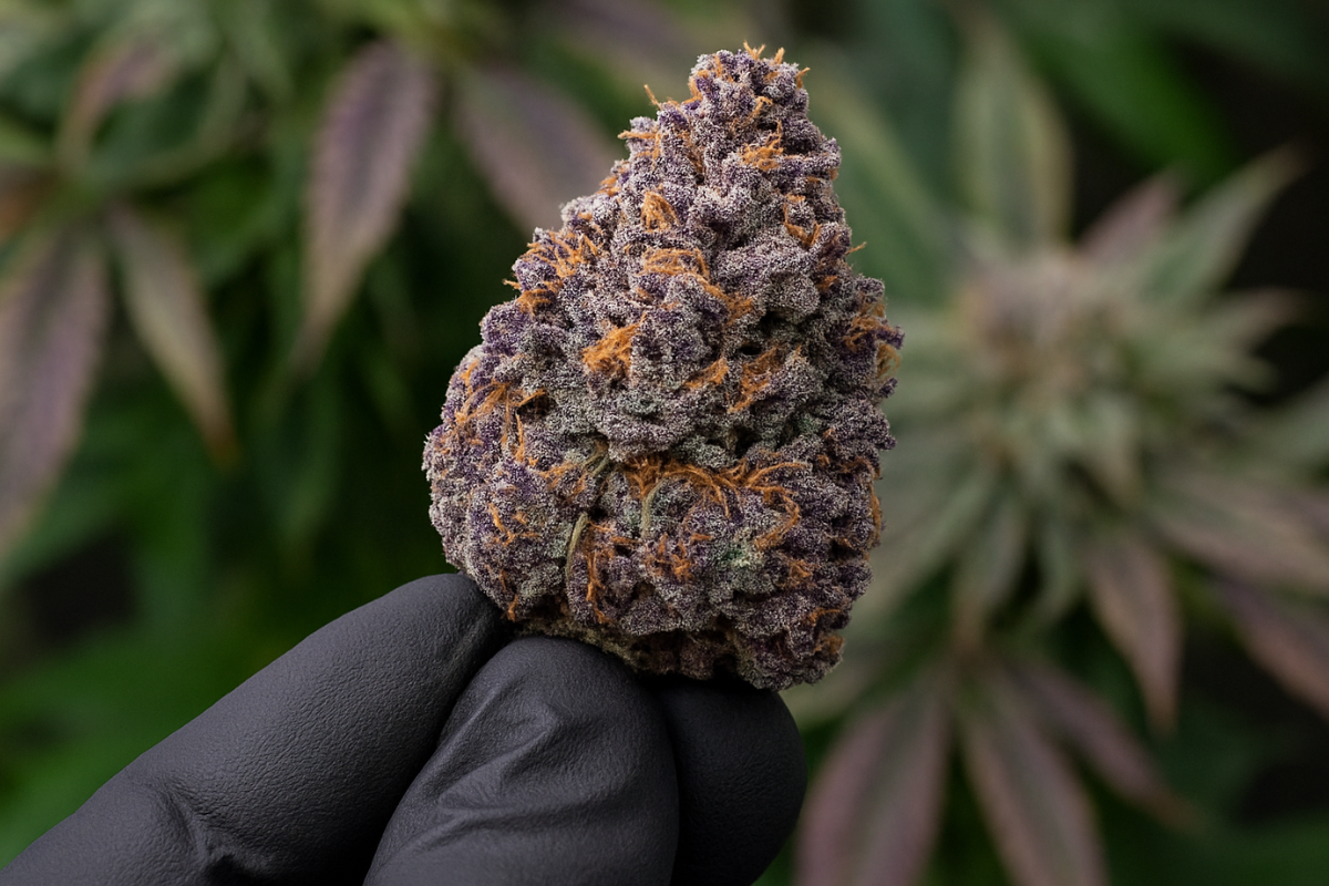 Close-up of a gloved hand holding a frosty, purple cannabis bud, showcasing the Grand Purple Daddy strain’s vibrant colors and density