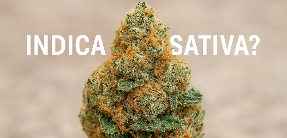 Close-up of a Hindu Kush cannabis bud with the question "Indica or Sativa?" highlighting its classification and strain info