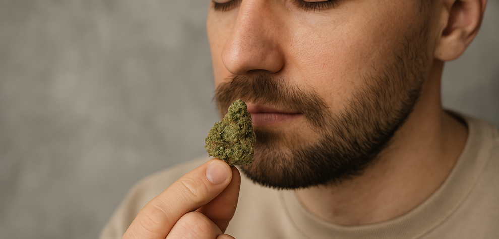 Man smelling a Hindu Kush cannabis bud, capturing the distinct earthy and pine aroma for the Hindu Kush strain review