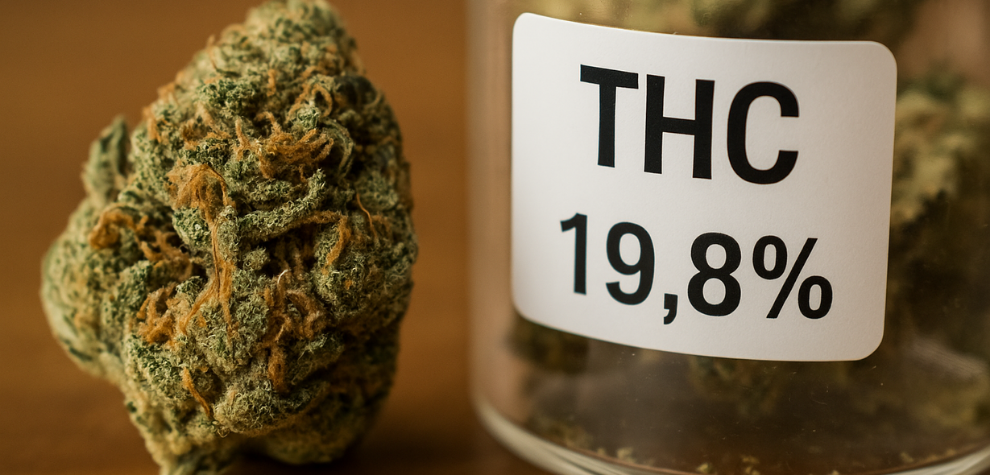 Hindu Kush cannabis bud next to a labeled jar showing a THC content of 19.8%, highlighting the strain’s potency