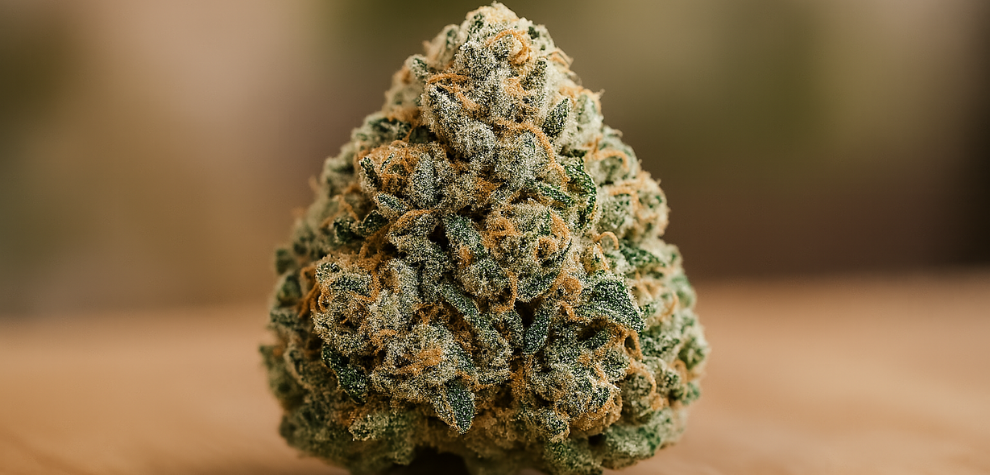 Hindu Kush cannabis bud with frosty trichomes and orange hairs, showcasing its legendary quality and appeal
