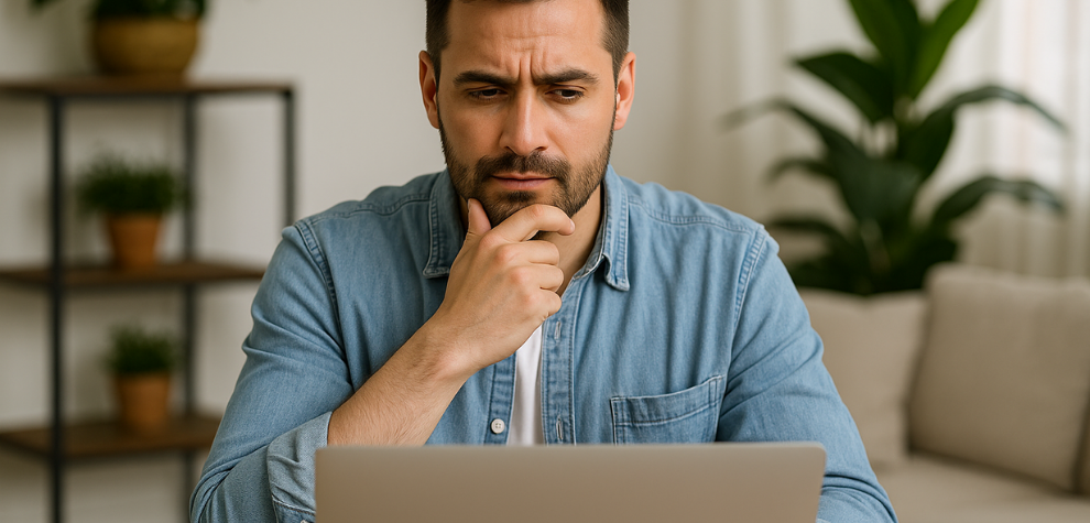 Man thoughtfully looking at laptop, researching how to choose the right Sativa pot strains
