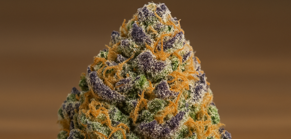 Close-up of Gastro Pop strain nug with vibrant purple, orange, and green hues on a wooden surface