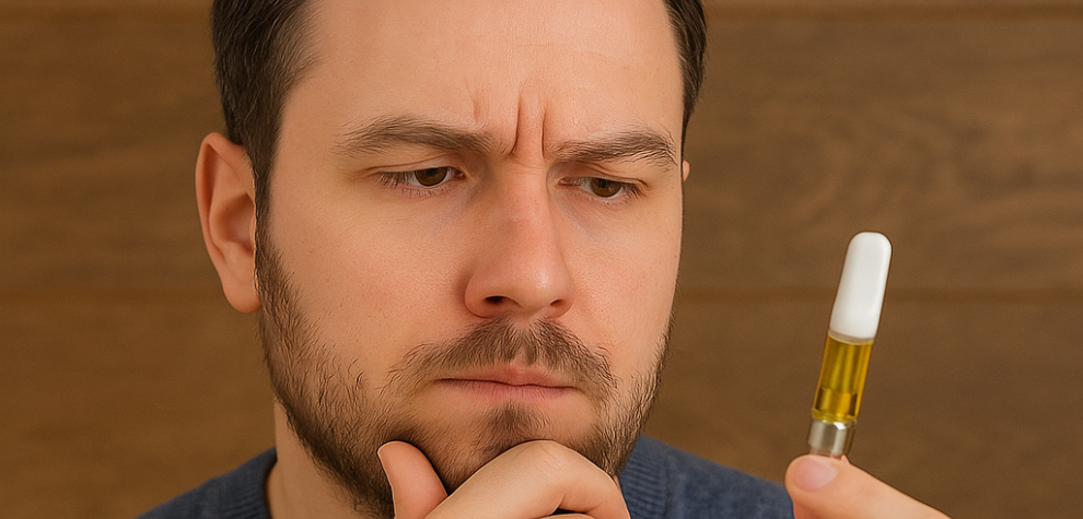 Man thoughtfully examining a weed pen cartridge, considering how to choose the right vape option