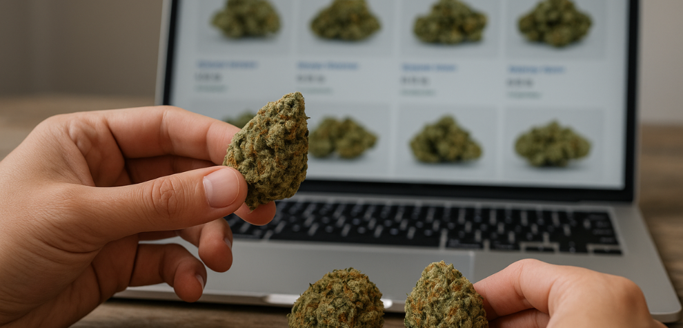Hands comparing cannabis buds in front of online cannabis store on a laptop screen