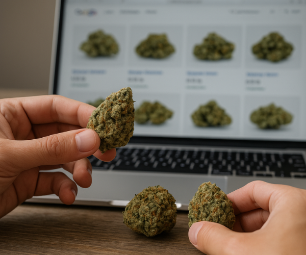 Hands comparing cannabis buds in front of online cannabis store on a laptop screen