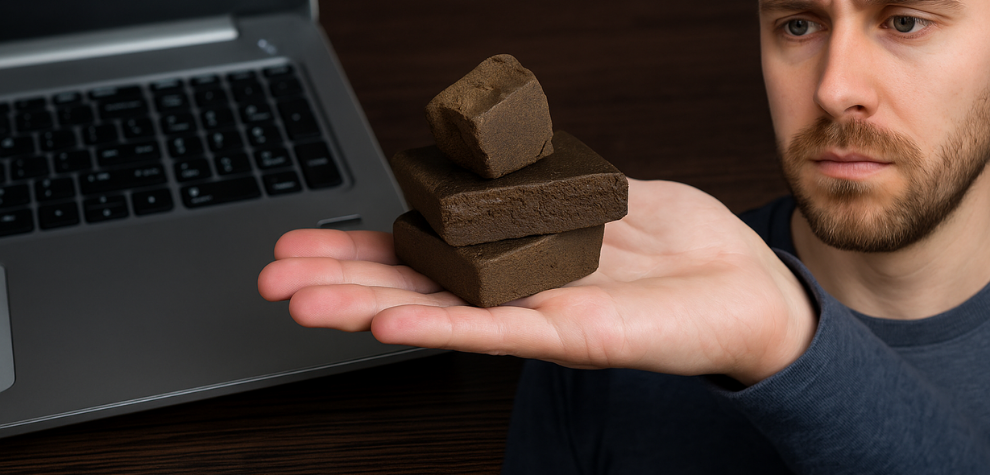 Man examining stacked cannabis hash blocks in hand next to a laptop, representing how to identify the best hash online in Canada
