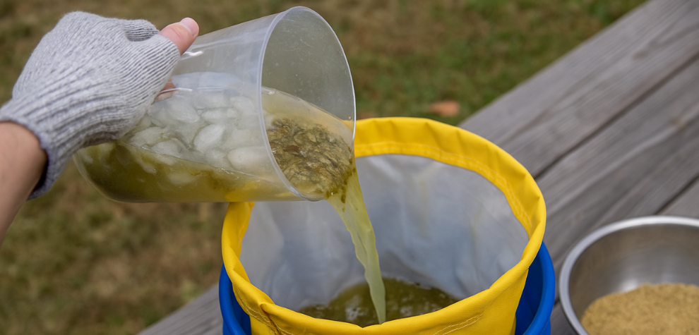 Person pouring icy cannabis mixture into a mesh bag over a bucket, demonstrating how to make hashish using the ice water (bubble hash) method