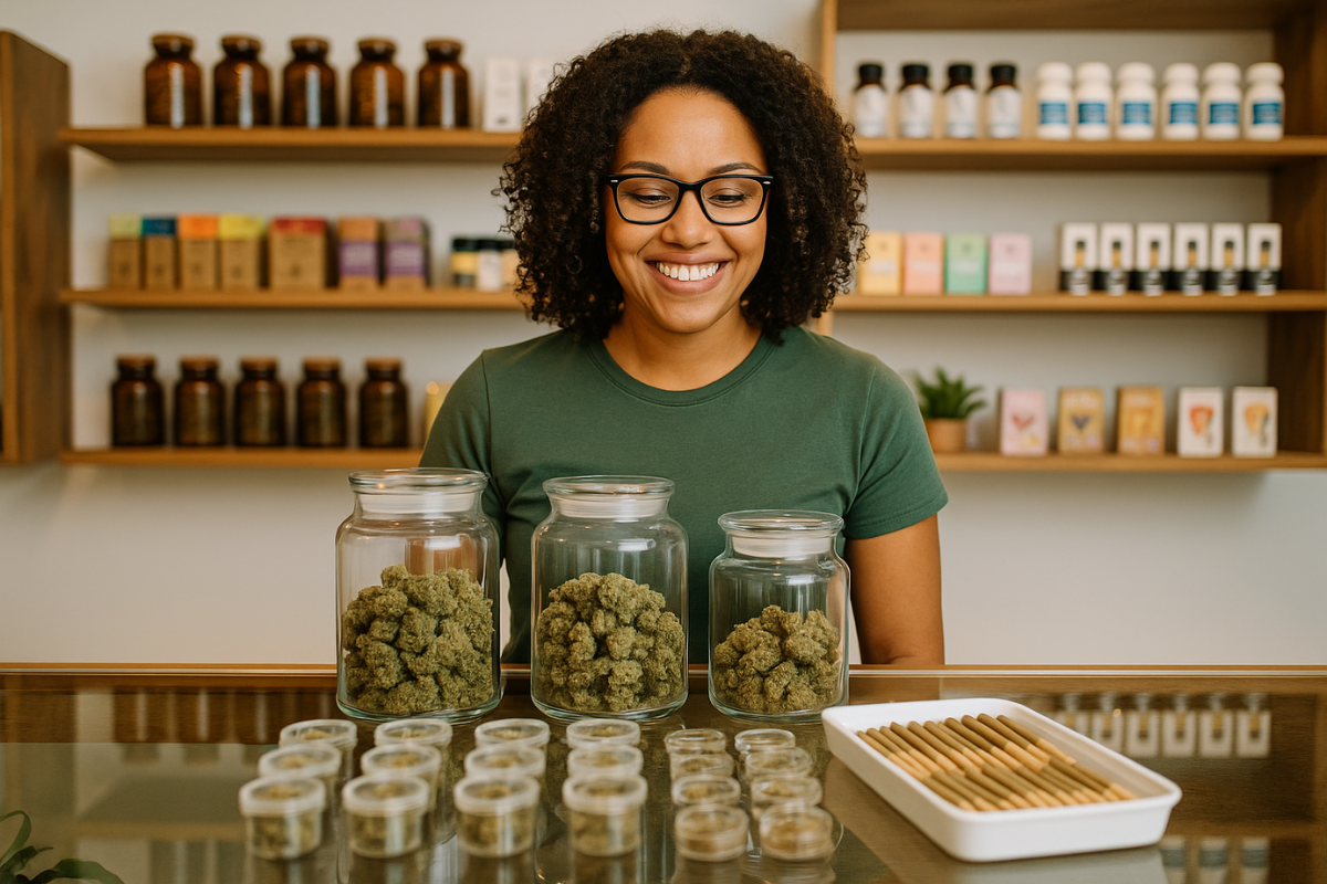 Smiling budtender at a top shelf dispensary displaying premium cannabis jars and pre-rolls on a well-organized counter