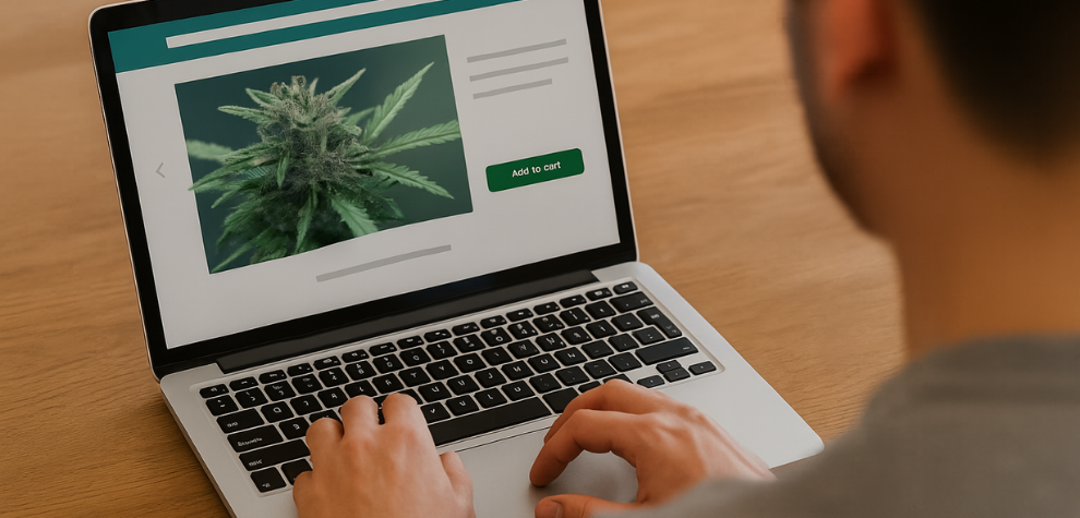 Person browsing a cannabis website on a laptop with a close-up image of a cannabis plant and “Add to cart” button displayed