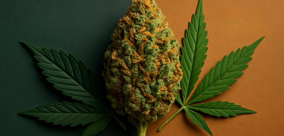 Wedding Cake cannabis bud placed on indica and sativa leaves, symbolizing hybrid strain