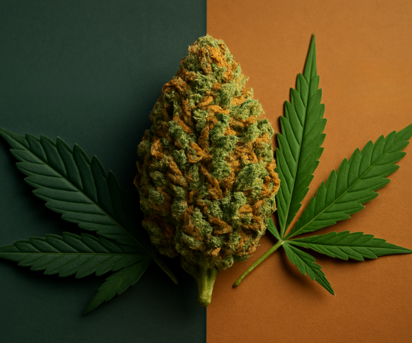 Wedding Cake cannabis bud placed on indica and sativa leaves, symbolizing hybrid strain