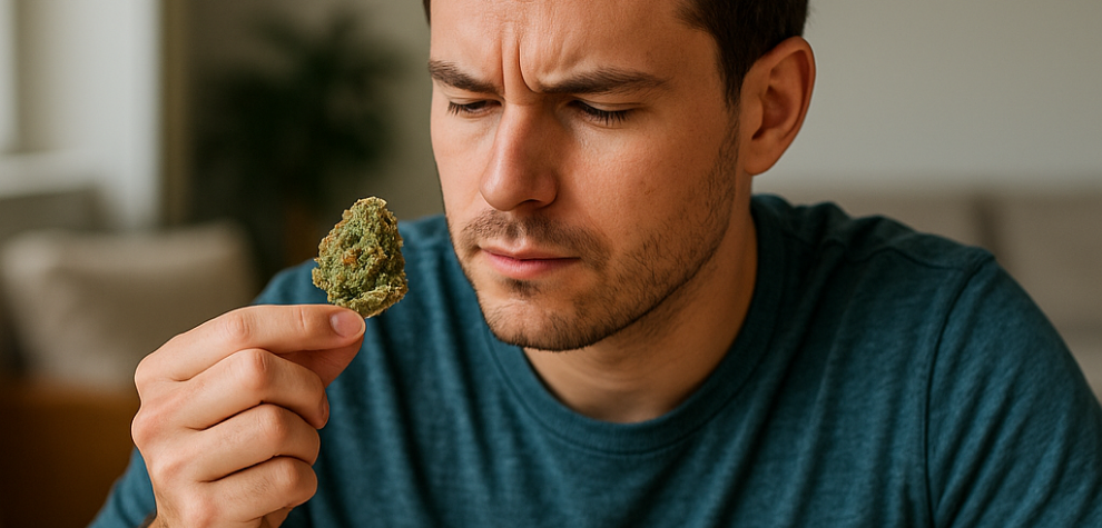 Man examining a cannabis bud closely, considering if Wedding Cake strain is worth trying