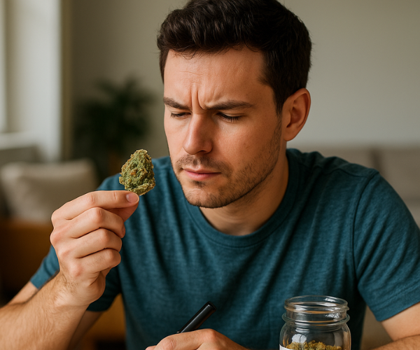 Man examining a cannabis bud closely, considering if Wedding Cake strain is worth trying