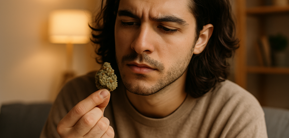 Man closely examining a cannabis bud, reflecting on the value and effects of the Chemdawg strain