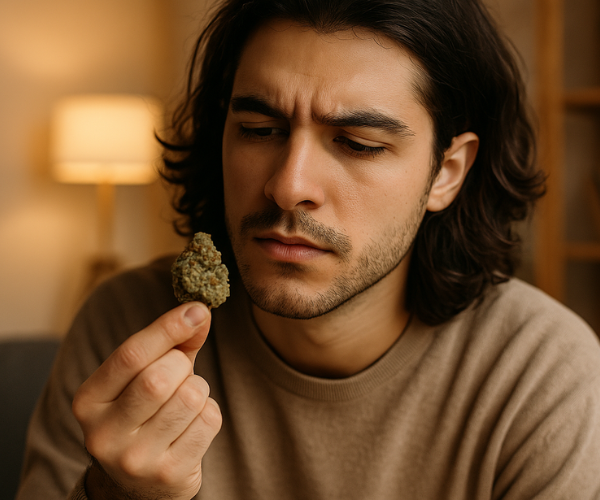 Man closely examining a cannabis bud, reflecting on the value and effects of the Chemdawg strain