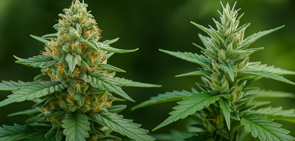 Indica vs Sativa cannabis plants side by side, comparing Gastro Pop strain type