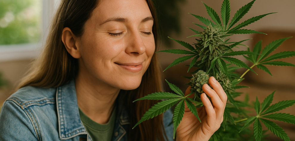 Woman smiling with eyes closed while smelling a cannabis plant, enjoying the personal experience of learning and discovery