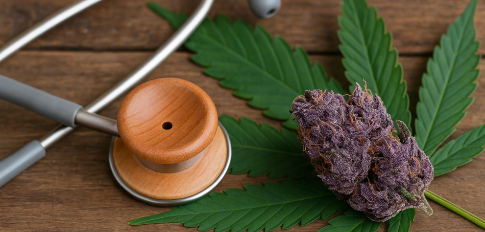 Purple cannabis bud and stethoscope on a wooden table, symbolizing medical benefits of Grand Daddy Purple strain