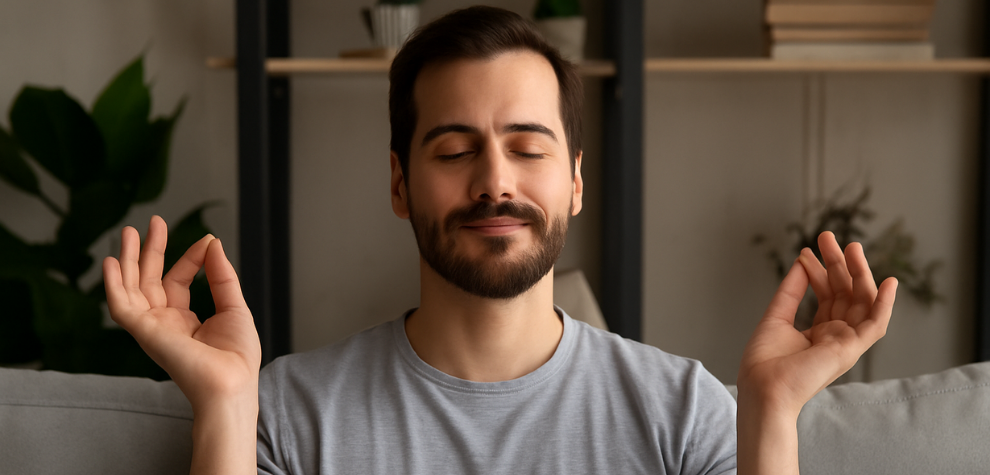 Relaxed man meditating on a couch with eyes closed, representing the calming and stress-relieving effects of Northern Lights cannabis