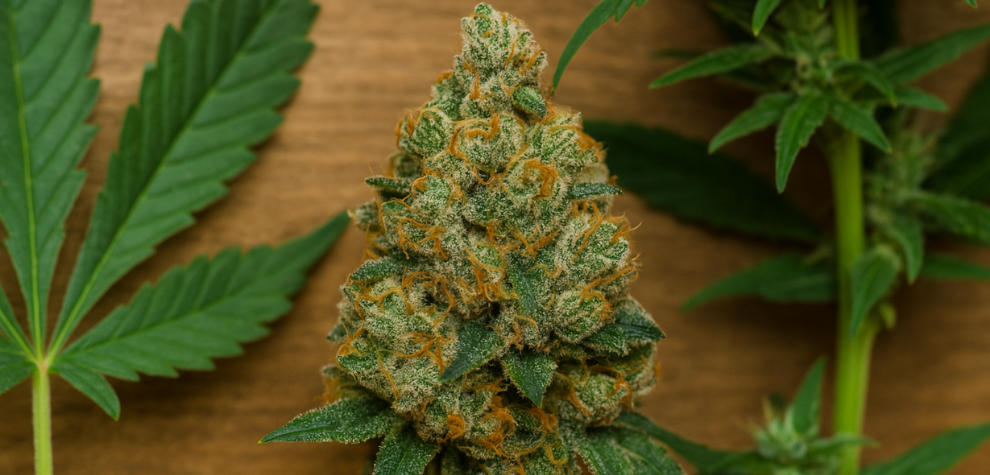 Northern Lights cannabis bud with visible trichomes and leaves, symbolizing its legendary indica genetics and heritage