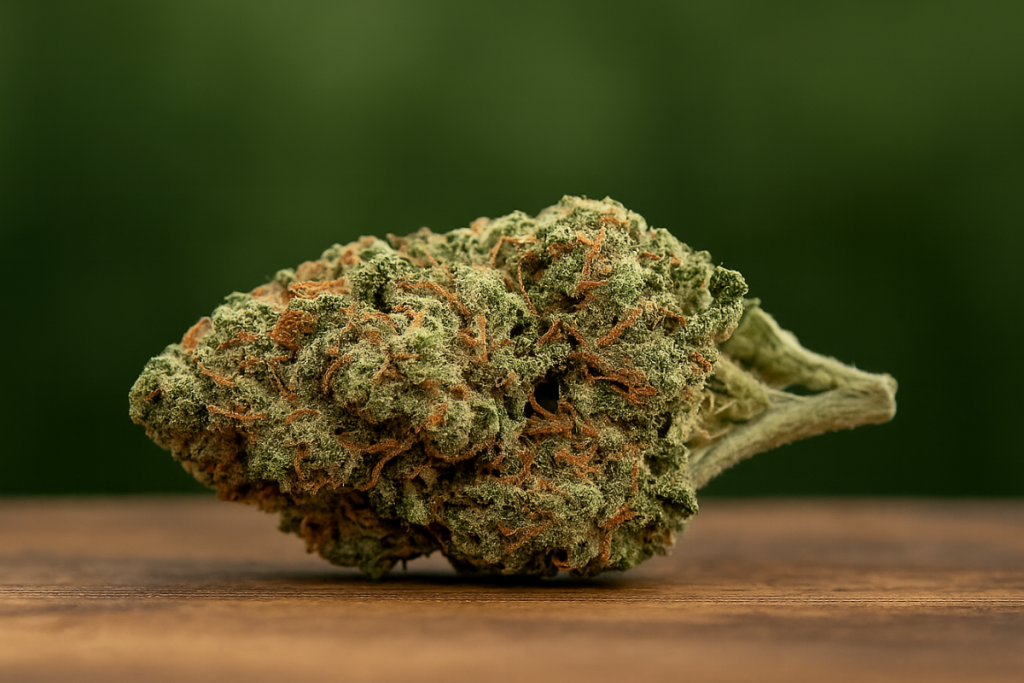 Close-up of Northern Lights cannabis bud showcasing dense trichomes and orange hairs, known for its relaxing indica effects