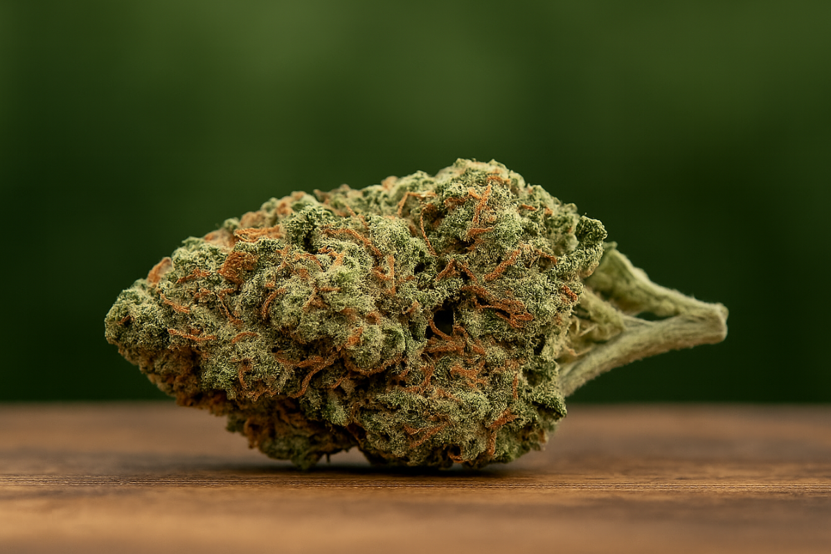 Close-up of Northern Lights cannabis bud showcasing dense trichomes and orange hairs, known for its relaxing indica effects