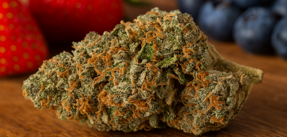 Northern Lights cannabis bud placed near strawberries and blueberries, representing its sweet, fruity terpene profile and aromatic depth